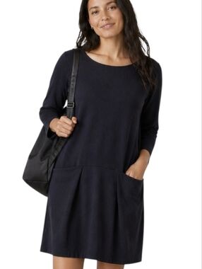 Eileen Fisher Comfycore Black Shift Dress Size M Cozy Minimal Lounge Pockets